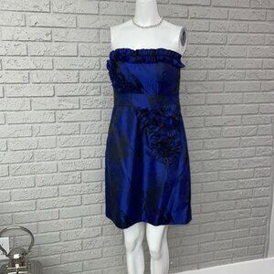 Nine West Women's Blue / Black Taffeta Ruffle Strapless Mini Dress Size 6